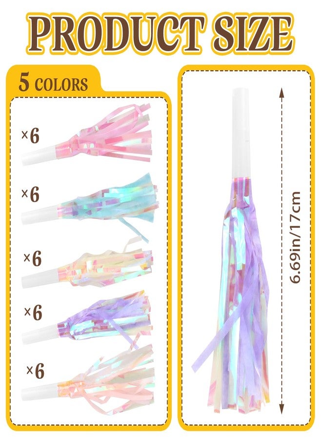 Weoxpr 30 Pieces Colorful Noisemakers Blowouts Horns, Glitter Metallic Fringed Whistles and Streamers,for Birthday Party Favors, Graduation,New Years Accessory, Sports,Mermaid Supplies (Pastel Colors) - Image 2